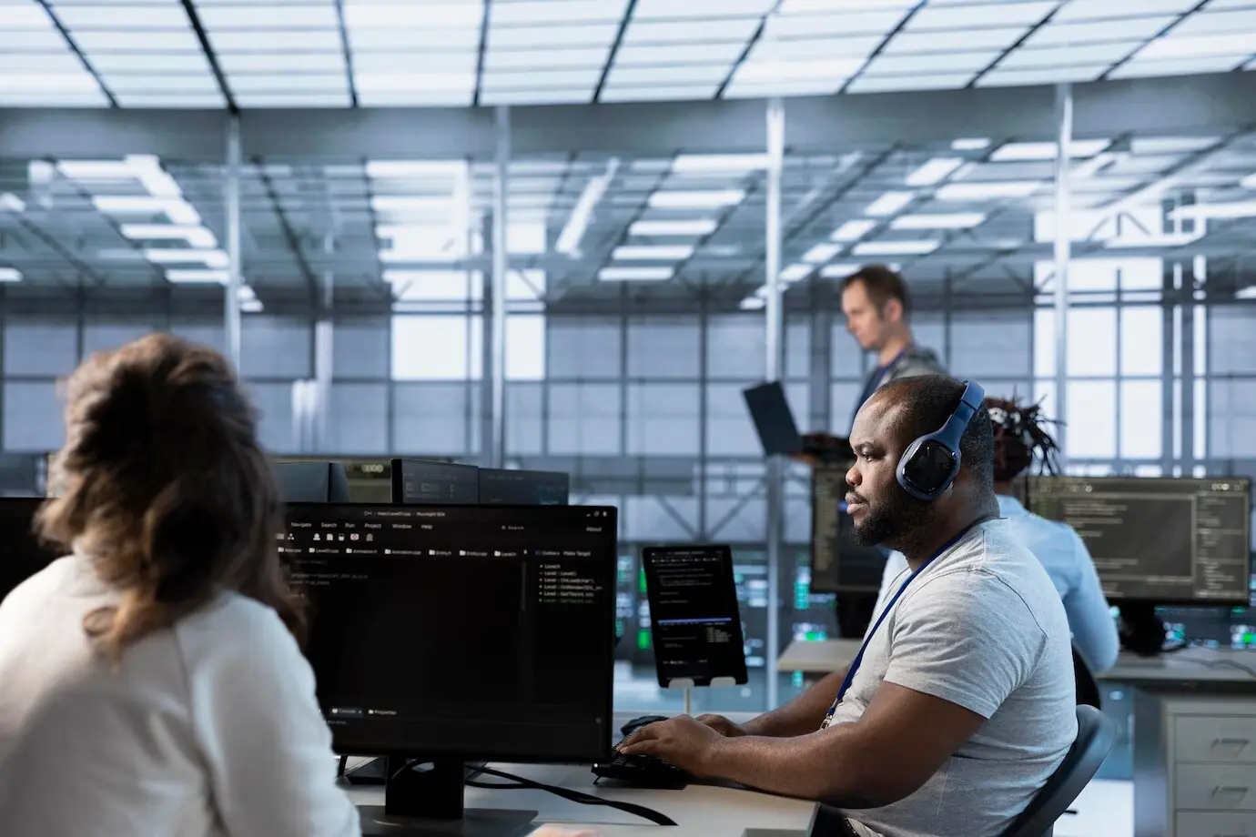 Работник серверной фермы слушает музыку, настраивая и тестируя оборудование.