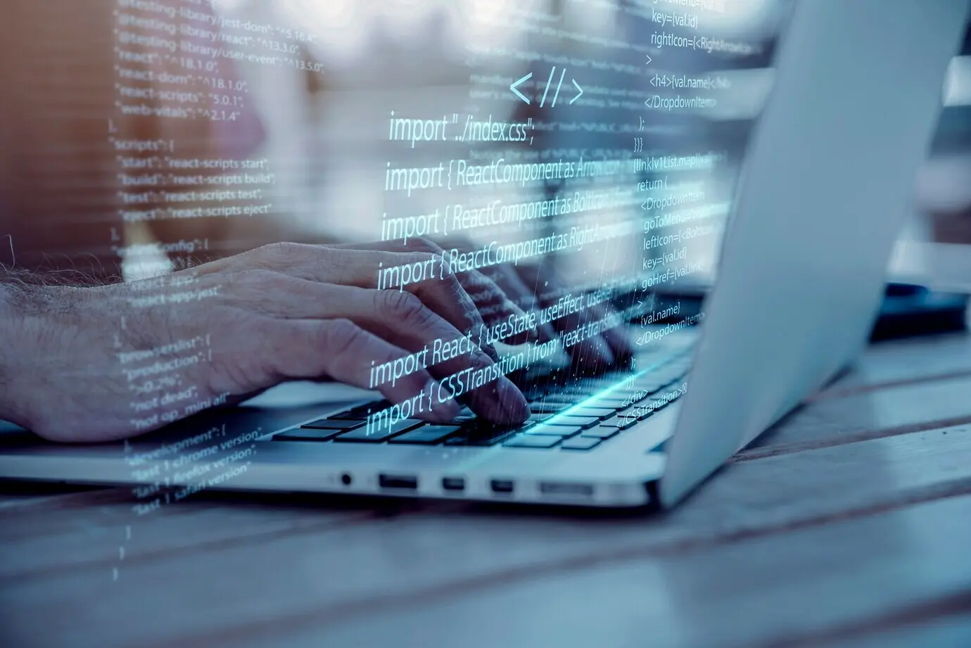 Фон на тему программирования с человеком, работающим с кодом на компьютере.